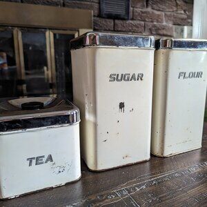 Vintage 1950s Rustic Farmhouse Canister Set of 3 Queen Line by AR Lite MCM